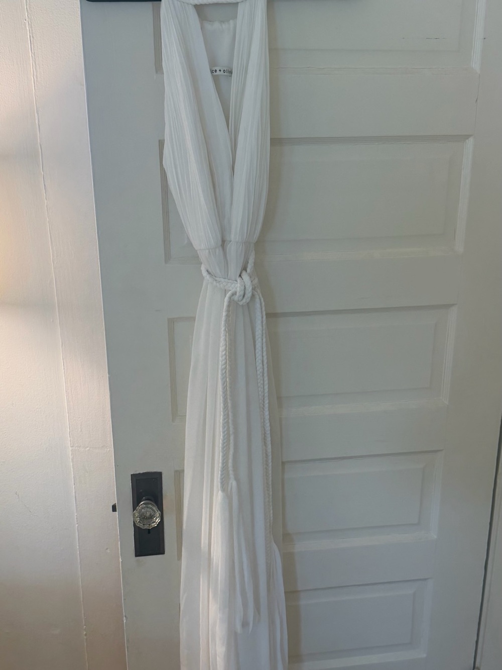 Alice + Olivia White Sheer Curtain with Braided Tassel Tie-Back